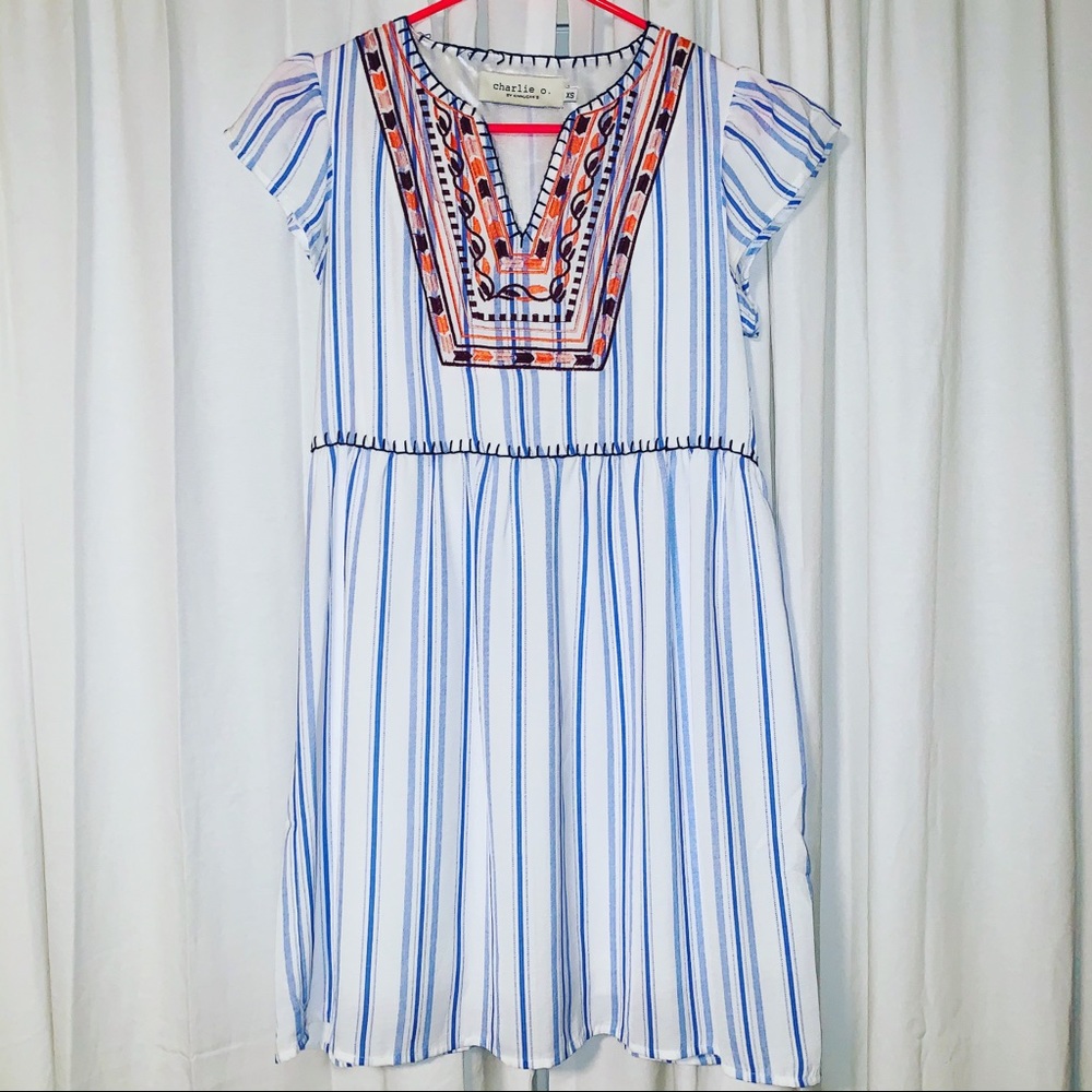 White/ Blue Stripe Embossed Dress
